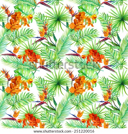 Tropical leaves and exotic flowers (bird flower, orchid). Seamless pattern. Watercolor