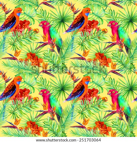 Bright parrot birds, tropical tree and jungle exotic flowers (bird of paradise flower, orchid). Seamless pattern. Watercolor