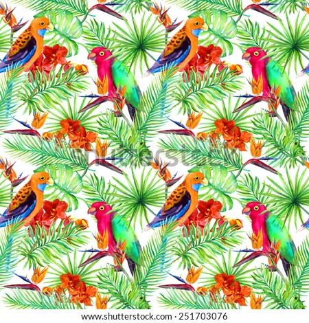Parrots, exotic leaves and jungle flowers. Tropical forest. Repeating pattern. Watercolour
