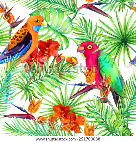 Parrots, tropical leaves and exotic flowers (bird flower, orchid). Repeating background. Watercolor