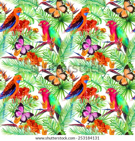 Parrot birds, butterflies, tropical leaves and jungle exotic flowers (bird of paradise flower, orchid). Seamless pattern. Watercolor
