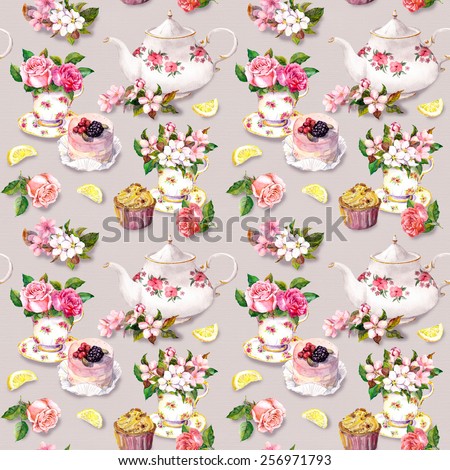 Flowers in tea cup, cake and tea pot. Tea watercolor. Seamless pattern