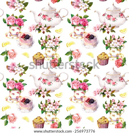 Tea pattern with flowers in teacup, cupcake and teapot. Watercolor. Repeating wallpaper