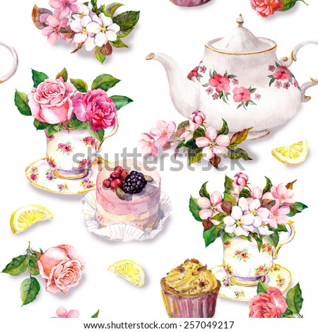 Teatime pattern with flowers in teacup, cake and teapot. Water color. Seamless background