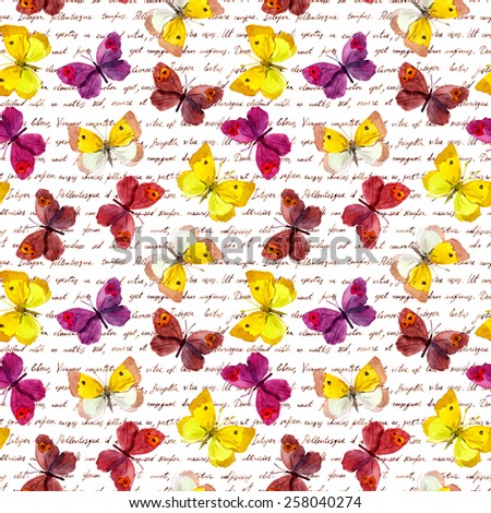 Butterflies at elegant hand written text note. Repeating pattern. Watercolor and ink.