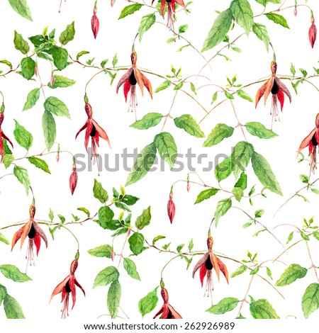 Pink fuchsia flowers. Repeating floral pattern. Water color