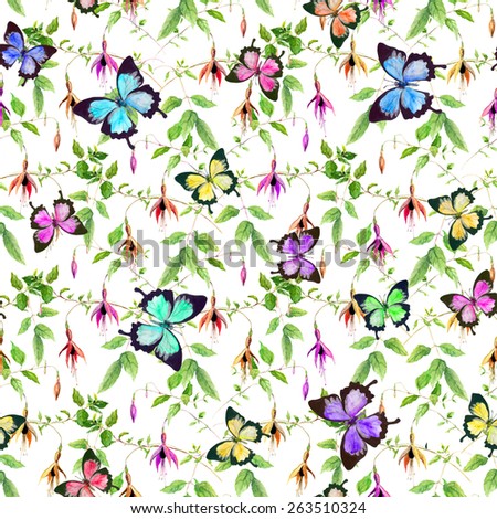 Exotic fuchsia flowers and bright tropical birds. Seamless floral pattern. Water color