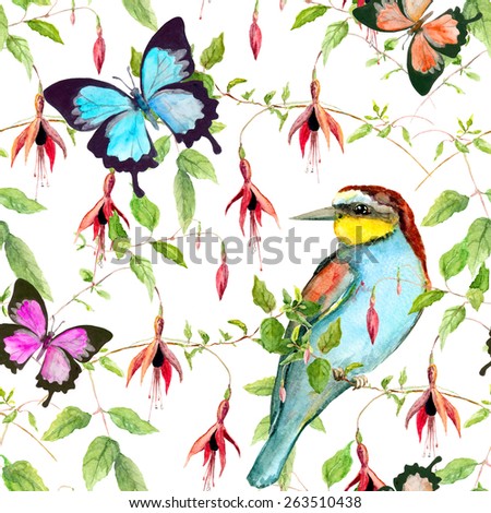 Tropical  flowers, exotic bird and bright butterflies. Seamless floral pattern. Watercolour