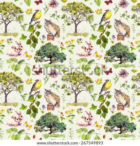 Forest: bird, rabbit, tree, leaves, flowers and grass. Seamless pattern. Watercolour