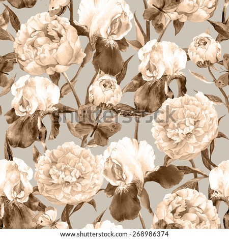 Peonies, irises and butterflies. Retro seamless background. Floral pattern. Watercolor