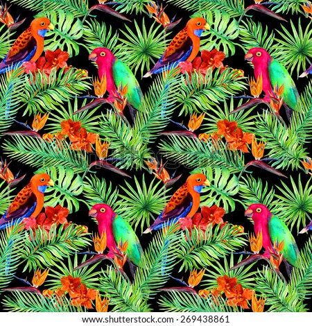 Tropical leaves, parrot birds and exotic flowers. Seamless jungle pattern on black background. Watercolor