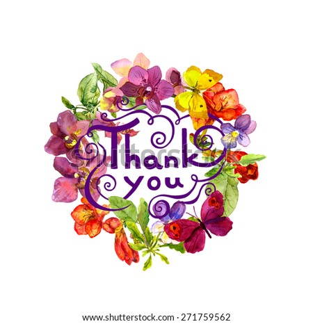 Note Thank you - vintage lettering in floral wreath with summer flowers. Watercolor