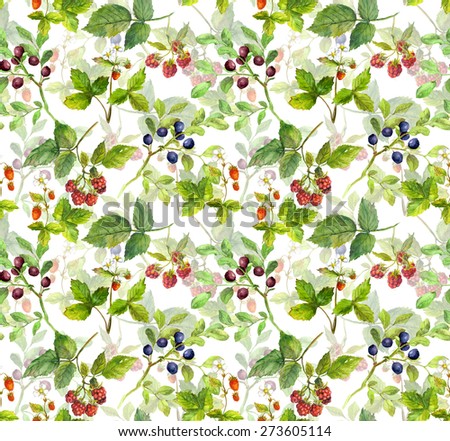 Summer fresh fruits (raspberry, strawberry, bilberry). Seamless pattern with berries . Watercolor