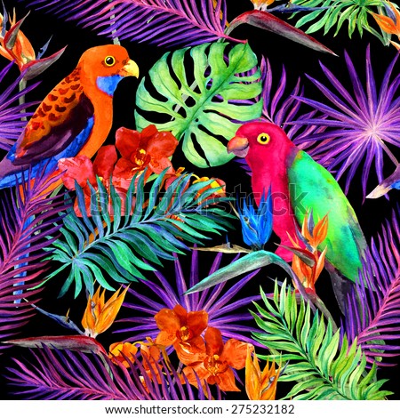 Tropical leaves, exotic flowers, parrot birds in neon. Repeating jungle pattern. Watercolour