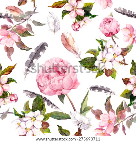 Peony flowers, sakura, feathers. Vintage seamless floral pattern. Watercolor