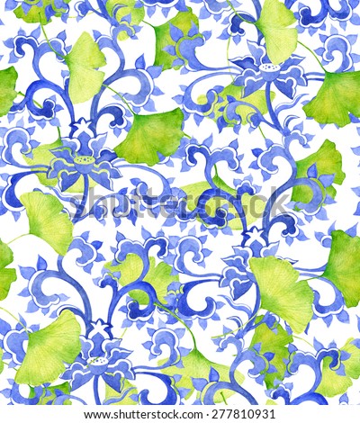 Chinese floral ornament and green ginko leaves. Seamless water color ornament