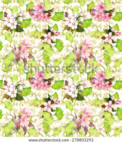 Decorative floral ornament, cherry flowers (sakura) and ginkgo leaves. Seamless watercolor ornament
