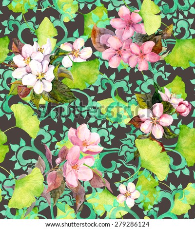 Decorative floral ornament, flowers (sakura, apple blossom) and leaves. Seamless watercolor ornament