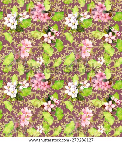 Decorative floral ornament, flowers and leaves. Seamless watercolor ornament