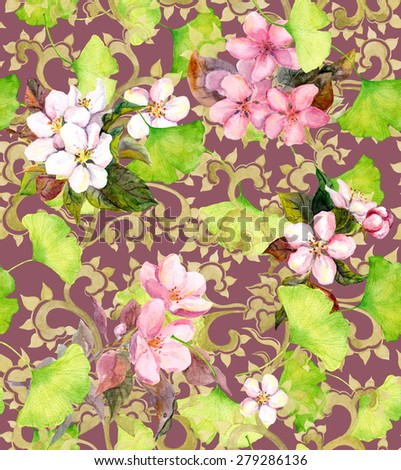 Vintage floral ornament, flowers (cherry blossom) and leaves. Seamless watercolor ornament for fashion design