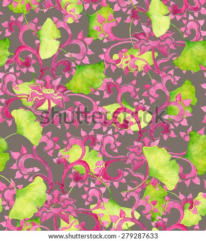 Chinese ornament and green ginko leaves. Seamless watercolor ornament