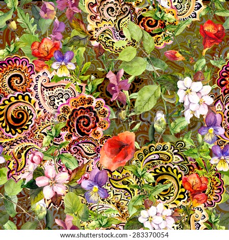 Seamless floral pattern in bright hippie style. Gypsy ethnic ornament for fashion design. Watercolor