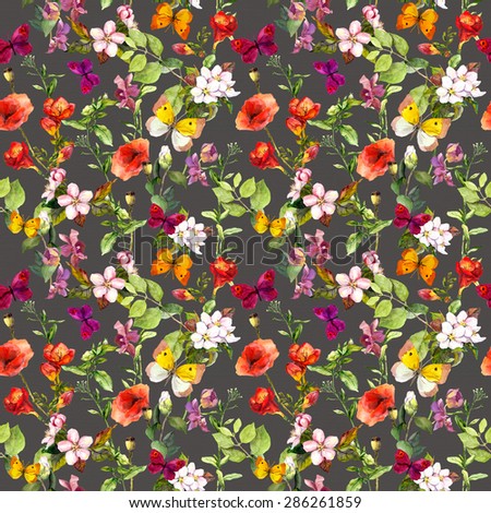 Summer meadow flowers and butterflies. Ditsy repeating floral pattern for wallpaper. Watercolor