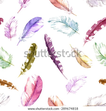 Feathers pattern for fashion design (hippie, boho style). Watercolor repeated background.