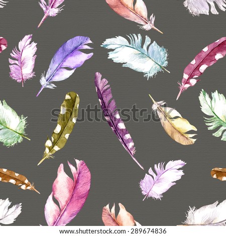 Bird feathers pattern. Watercolor seamless background.