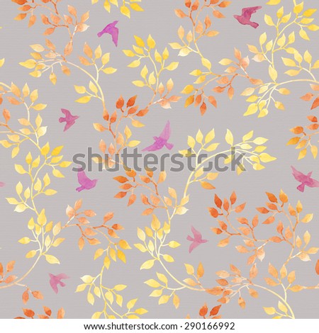 Autumn leaves and cute birds. Water color autumn seamless pattern in naive design