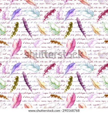 Feathers and hand written text for fashion design. Watercolor seamless pattern for wallpaper
