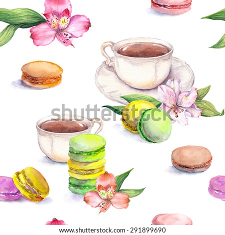 Macaroons cakes, tea cup and flowers. Beautiful tea pattern. Seamless watercolor