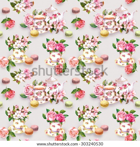 Tea pattern with flowers (cherry blossom, rose flower) in tea cup, cakes, macaroons and tea pot. Watercolor. Seamless background