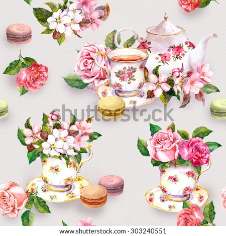 Tea pattern with flowers (cherry blossom, rose flower) in tea cup, cakes, macaroons and tea pot. Watercolor. Seamless background