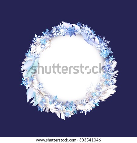 Christmas wreath with snow flakes and feathers. Watercolor circle frame for xmas card