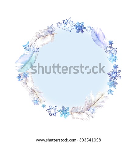 Vintage christmas wreath with snow flakes and feathers. Watercolor circle frame - xmas card