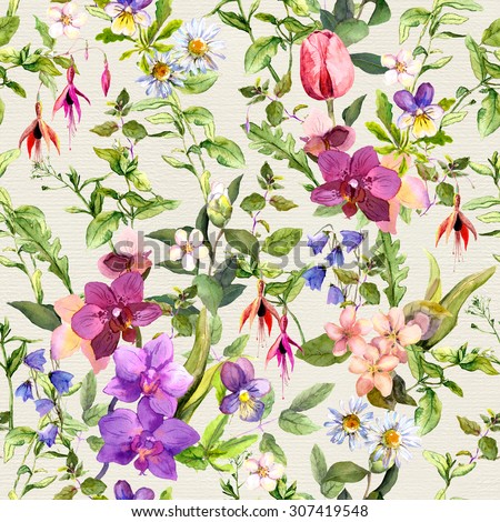 Seamless wallpaper - flowers and butterflies. Meadow floral pattern for interior design. Watercolor