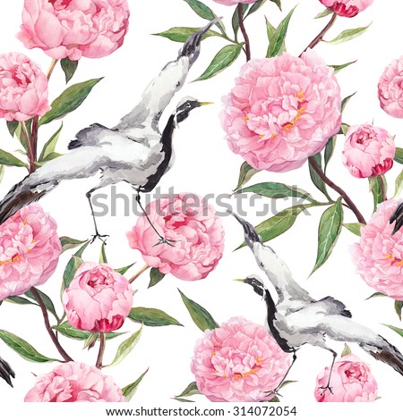 Crane birds dance in pink peony flowers. Floral repeating asian pattern. Watercolor