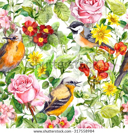 Flowers, meadow grass, birds. Seamless floral pattern for fashion design. Watercolor