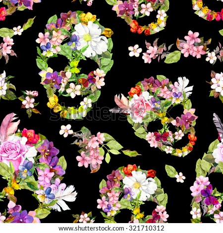 Floral skulls with flowers. Seamless wallpaper for interior design for Dia de los Muertos. Watercolor