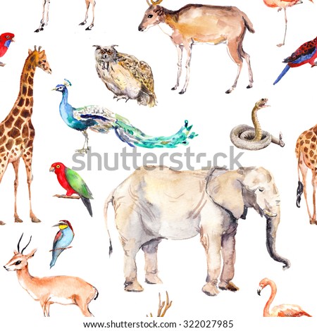 Wild animals and birds - zoo, wildlife (elefant, giraffe, deer, owl, parrot and other). Seamless pattern. Watercolor