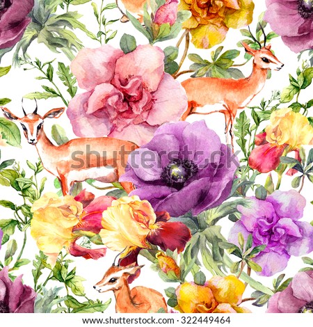 Antelope animal in flowers. Fashion repeating pattern. Watercolor
