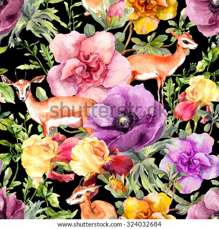 Antelope animal in flowers. Repeating floral pattern for fashion design on contrast black background. Watercolor