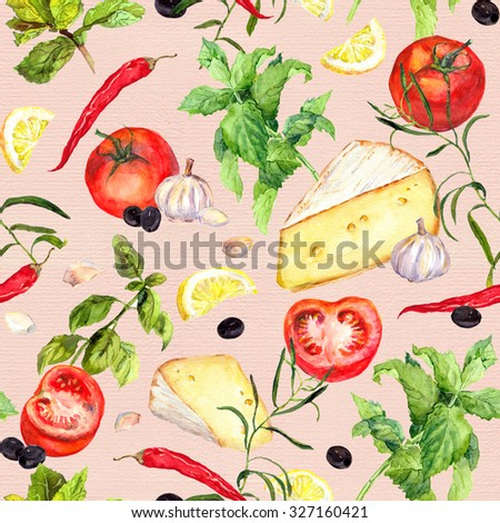 French kitchen pattern with cheese, tomatoes, spices and herbs. Seamless cooking background. Watercolor