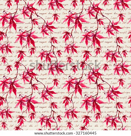 Japanese red maple leaves with hand written text for school background. Seamless asian pattern. Watercolor