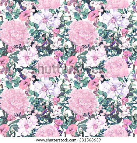 Pastel flowers, leaves, grass. Seamless floral wallpaper for interior design. Watercolor