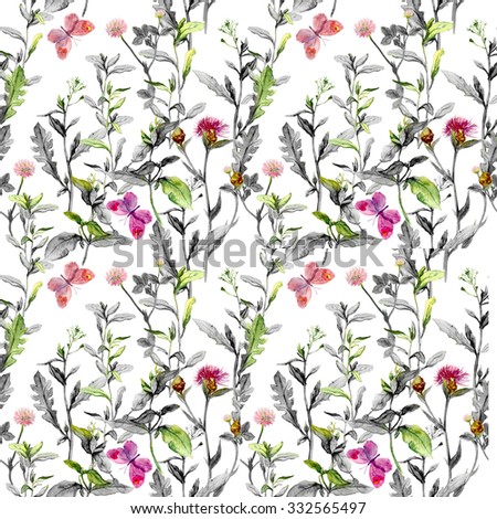 Meadow flowers, grass, herbs. Tiled floral vintage pattern in black and white colors. Watercolor