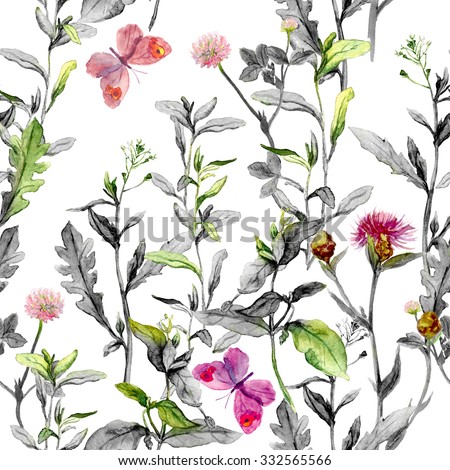 Meadow flowers, grass, herbs. Seamless herbal background in black and white colors for fashion design. Watercolor
