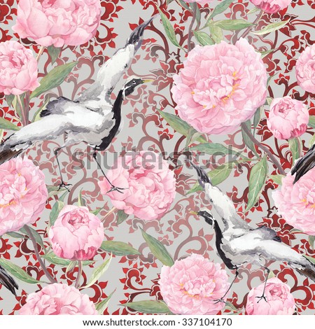 Crane birds dance in pink peony flowers. Floral seamless pattern with japanese decorative ornament. Watercolor