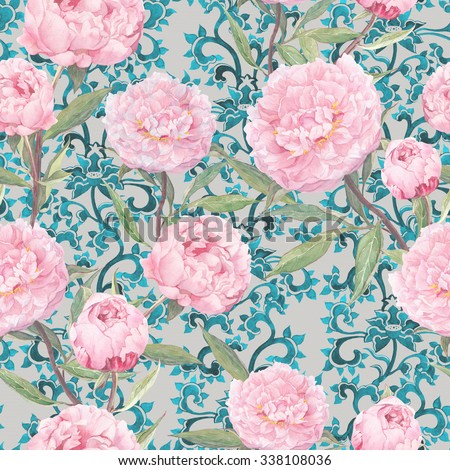 Pink peony flowers. Vintage floral repeating asian pattern with oriental ornamental decor. Watercolor